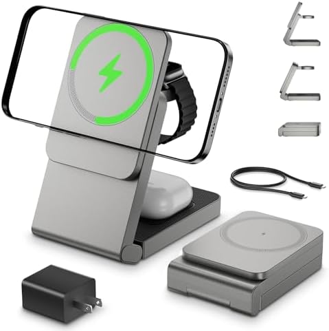 3 in 1 Wireless Charger Station for Multiple Devices, Foldable Magnetic Charging Stand, Portable Fast Travel Wireless Charger for iPhone17/16/15/14/13/12 Pro Max/ AirPods2/3/4 and IWatch Ultra Series by ANYLINCON