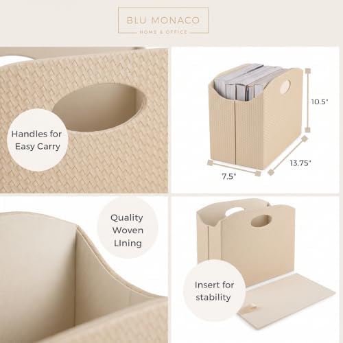 BLU MONACO Magazine Holder - Woven Leather Magazine Basket with Handles - Stylish Rack for Floor or Table - Perfect for Coffee Table, Side Table, Living Room, Reception Desk, or Bathroom (Pebble) - Image 3