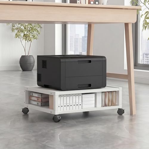 Zonon 2 Tier Printer Stand Under Desk with Wheels, Open Shelf, White by Zonon