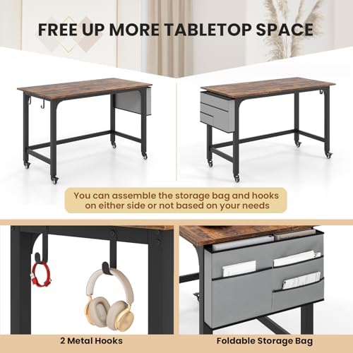 GOFLAME 4ft Conference Table Set of 2, Mobile Home Computer Desk, Meeting Room Table w/Detachable Storage Bag & 2 Headphone Hooks, Rolling Seminar Boardroom Table on Wheels, Black + Rustic Brown - Image 6