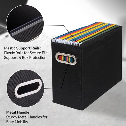 4 Pack Letter Size File Storage Box Collapsible, Fabric Hanging File Folders Organizer, Portable Office Document Holder with Metal Handle, Smooth PVC Rails, Black - Image 4