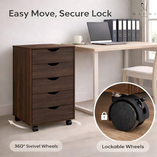 Naomi Home Under Desk Office File Cabinet with 5 Drawers, Rolling Storage Organizer with Lockable Wheels, Handle-Free Design & Spacious Top Surface, Compatible Cabinet for Home Office - Espresso - Image 5