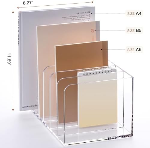 YUXUN Acrylic Magazine Holder,Clear Desk Organizer Vertical File Sorter Holder Stand for Notebook,Paper,Envelope,Magazine, Book Storage-Office/Home/Classroom Organization (5 Compartments,B5) - Image 3