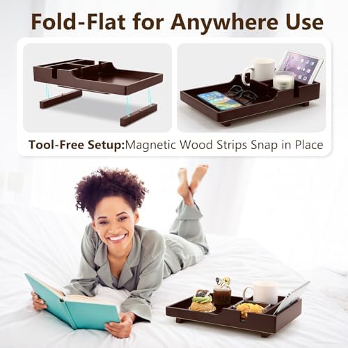 Sofa Insert Tray for Middle Seat,Bamboo Couch Table with 2 Cup Holders,Fits Armless Sofa & Sectionals,Fold-Flat Tray for Drinks,Snacks & Remotes,Brown - Image 4