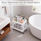 Under Desk Storage Cart 2 Tier Utility Rolling Cart with Wheels, Small Metal Mobile Trolley with Handle Two Tiered Utility Organizer Roller for Kitchen Office Bathroom Pantry Room, White - Image 6