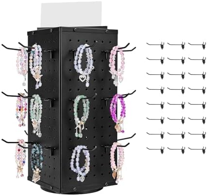 VEVOR Rotating Pegboard Display Stand, 7.4 x 7.4 x 17 in 4-Sided Spinning Peg Board Display with 24 Hooks, Thickened Cold-Rolled Steel Craft Rack Organizer for Grocery Retail Store Jewelry Shop, Black by VEVOR