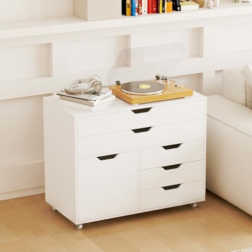 GIANTEX File Cabinet, Rolling Lateral Filing Cabinet with Wheels, 5 Drawers, Load 220 Lbs, Office Craft Storage Organization, Mobile Storage Organizer, Printer Stand for Home Office (White) - Image 2