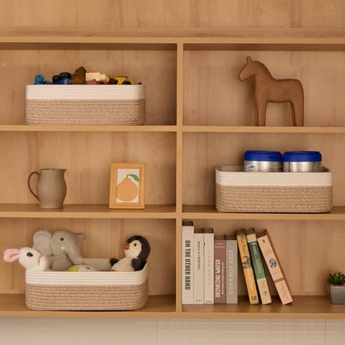 MiniArk Large Shallow Organizing Baskets 15x11x5.1 Inches - Rope Woven Storage Bins for Bathroom, Shelves, Cube Closet, White Mixed Brown 3 Packs - Image 3