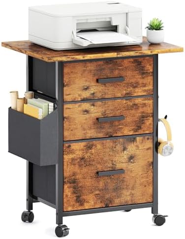 Mexin 3 Drawer File Cabinet with 22'' Extended Desktop, Mobile Filing Cabinet, Printer Stand, Rolling Printer Stand with Side Bag, Fabric Drawer, Fits A4 Size, Home Office,Rustic Brown by Mexin