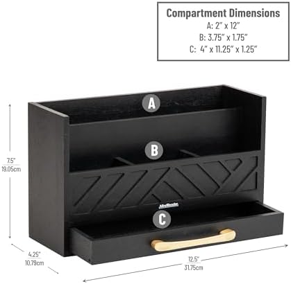 Mind Reader 5-Compartment Desktop Organizer, Rustic Wooden Storage Rack with Drawer for Papers, Accessories, and Office Supplies, 12.5" L x 4.25" W x 7.5" H, Black - Image 3
