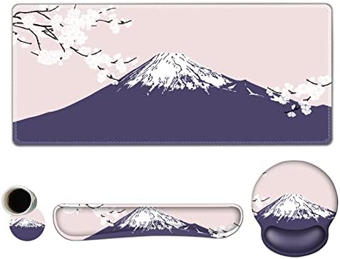 ARTSO Large Mouse Pad Set Ergonomic Keyboard Wrist Rest Support, Memory Foam Gel Wrist Pad, Non-Slip Extended Desk Mat Protector, Pink Sakura Fuji Mountain by Artso