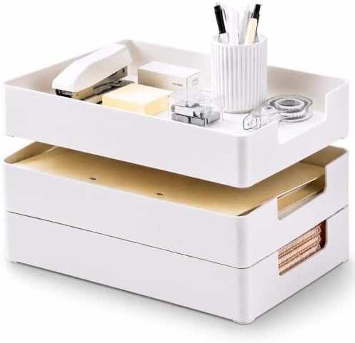 Eorbow 3 Pack Letter Tray, Plastic Stackable A4 Paper Trays, Rectangular Desk Drawer Organizer, File Holder for Desktop, Office Supplies Storage, White by Eorbow
