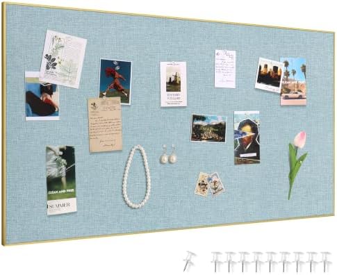 SELEAD Linen Bulletin Board 48” x 24” - Golden Aluminum Frame, Teal Fabric by SELEAD