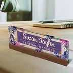 Artblox Personalized Office Desk Name Plate and Business Card Holder | Clear Acrylic Glass with Teak Wood Stand | Purple Leaf Design Customized with Your Name and Credentials Office Desk Decor - Image 2