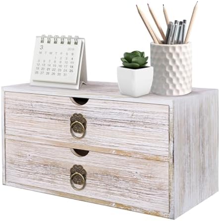 Wood Desk Organizer, Vintage Brown Wooden Desktop Organizer with Drawer, Tabletop Storage Organization Box for Countertop, Home Office Supplies, Bills, 13.3 x 6.5 x 7 Inches(2 Drawer) by SEEKELEGANT