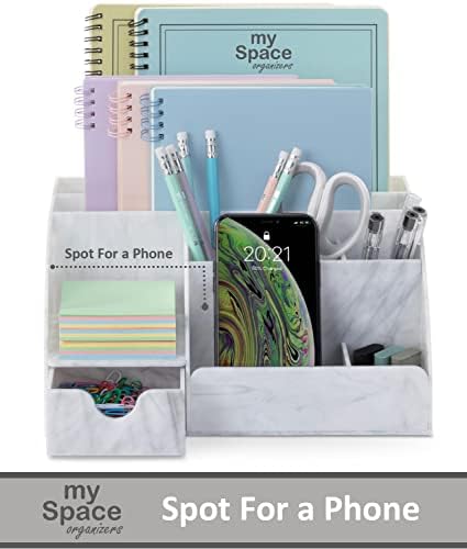 My Space Organizers Marble Desk Organizer For Office Supplies And Accessories - 9 Sections - Pencil Pen Holder Storage - Desktop Organization Decor Essentials (White Grey Marble) - Image 2
