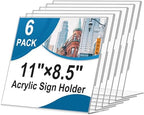 Acrylic Sign Holder 8.5 x 11 Horizontal , Clear Plastic Display Stand for Tabletop, Acrylic Stands for Flyers, Table Paper Holder, Vertical Sign Holder 8.5x11 for Restaurants, Office and School (Slant 6 Pack 11x8.5) by Seencool