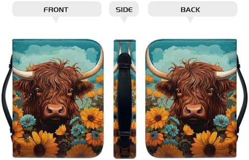 Highland Cattle Print Bible Cover Sunflowers PU Leather Bible Carrying Case for Church Zippered Book Bible Protector with Top Handle - Image 3