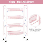 TOOLF 4 Tier Rolling Cart, Metal Utility Storage Cart with Wheels, Pink - Image 3