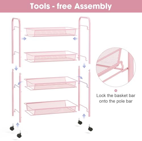 TOOLF 4 Tier Rolling Cart, Metal Utility Storage Cart with Wheels, Pink - Image 3