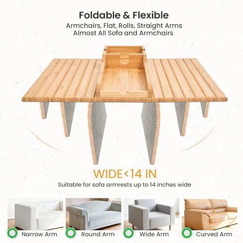 GEHE Couch Cup Holder, Anti Falling Sofa Arm Tray, Natural Bamboo Sofa Cup Holder More Safe for You Family, Portable Couch Arm Tray Armrest Table for Remote, Snacks, Phone, Drinks - Image 2