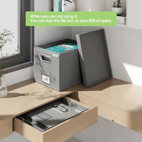 File Organizer Box - File Boxes for Hanging Files with Lid Set of 2 Decorative Hanging Folders Letter Size Organizer with One-Piece Plastic Frame Slides (Grey, 13.2 * 10.1 * 10.1in(2Pack)) - Image 6