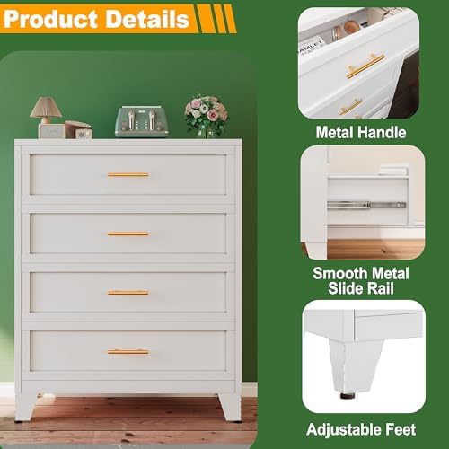 Ckzbx Metal Dresser Under Desk Metal Filing Cabinets, 43.11" H Drawer Chests of Drawers for Office, Garage (4 Drawers White 31.5inch Wide) - Image 4