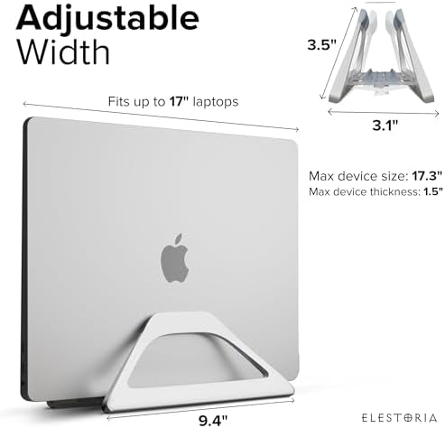 Elestoria Aluminum Vertical Laptop Stand with Gravity Auto-Lock – Adjustable Laptop Holder Vertical fits MacBook Pro/Air, Chromebook & Gaming Laptops up to 17.3" – Space-Saving Desktop Dock - Silver - Image 2