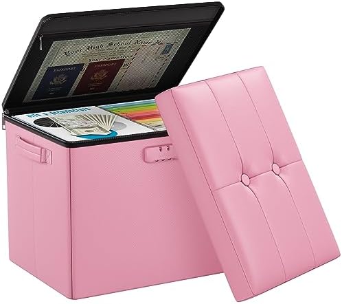 DocSafe Storage Ottoman Foot Rest Stool with Lock ＆ Handles, Fireproof Folding Leather Footstool Bench with Storage Safe for Living Room Bedroom, Home Office, Dorm, 17x13x13in, Pink by DocSafe