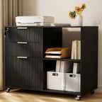 INNOD 3 Drawer Fluted Mobile Filing Cabinet with Lock, Lateral Rolling Under Desk File Cabinet, Wooden Printer Stand Table for Home Office Essentials Storage Organization Furniture Letters/A4(Black) by INNODToddlerTower