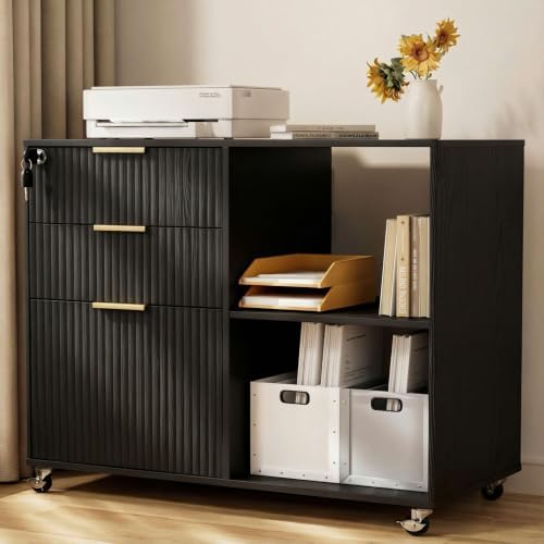 INNOD 3 Drawer Fluted Mobile Filing Cabinet with Lock, Lateral Rolling Under Desk File Cabinet, Wooden Printer Stand Table for Home Office Essentials Storage Organization Furniture Letters/A4(Black) by INNODToddlerTower