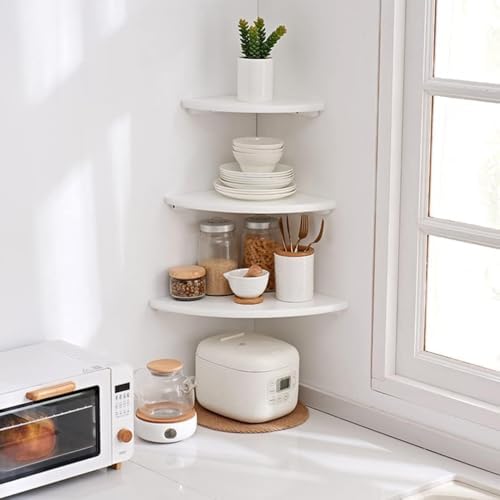 Corner Shelf, Solid Oak Wood Floating Corner Shelf Wall Mount Round End Floating Speaker with Wire Hole for Small Plant Photo for Bedroom Kitchen, Living Room White - Image 2