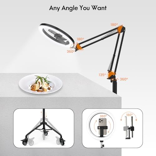 LUXSURE Tripod for iPhone with Ring Light, Overhead Camera Mount with Casters,LED Ring Light with Stand and Phone Holder,Phone Tripod with Light for Video Recording/Live Streaming/Cooking - Image 5