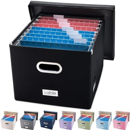 PRANDOM File Organizer Box - Set of 1 Collapsible Decorative Linen Filing Storage Hanging File Folders with Lids Office Cabinet Letter/Legal Size Black (17x14x11.2 inch) by Prandom