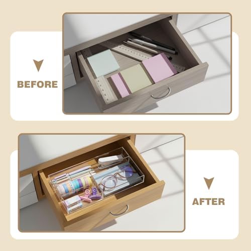 Briwooody 2 Pcs Clear Acrylic Desk Drawer Organizer 11 x 6 x 1.38 Inch Drawer Organizer Trays with 4 Compartments Desk Accessories for Office Makeup Silverware Bathroom - Image 5