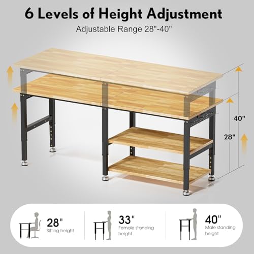 84” Adjustable Work Bench, 2-Layer Heavy Duty Workbench, 6000 LBS Capacity Workbench with Pegboard & Power Outlet, Rubber Wood Work Table for Garage, Office, Workshop, Home - Image 5