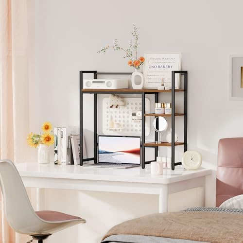 Snughome Desk Shelf, 31.9" Desktop Organizer Shelf, Desk Hutch for Computer Monitor, 4 Tier Desk Top Display Rack, Wood Desktop Bookshelf Storage Rack for Home Office Dorm, Rustic Brown - Image 6