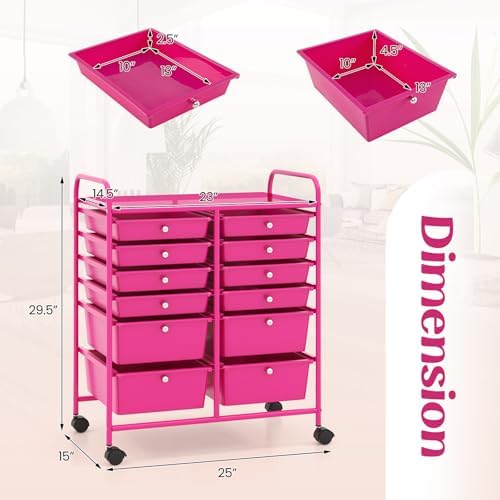 LDAILY 12 Drawer Rolling Storage Cart, Craft Cart Organizer on Wheels w/Metal Frame, Large Capacity & Smooth Drawer, Rolling Cart w/Drawers for Classroom, Office - Image 3