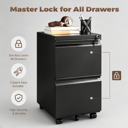 Approgreent 2 Drawer Metal File Cabinet, Fully Assembled Locking Filing Cabinet with Anti-Tipping Wheels, Quiet Slide, Heavy-Duty Steel Construction, Fits A4 Letter Legal for Home Office, Matte Black - Image 7