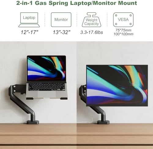 2-in-1 Gas Spring Laptop Desk Mount for 12"-17" Notebook/13"-32" Monitor - Image 2