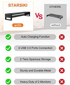 2 Tiers Dual Monitor Stand with Auto Charging Pad, 4 USB 3.0 Hub Ports, Double Monitor Riser, Metal Desk Stand with Storage, Long Screen Raiser for 2 Monitors/PC/Laptop/Computer Space Saver Organizer - Image 3