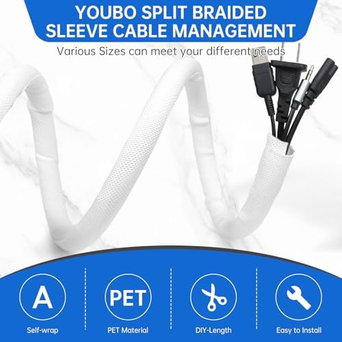 Split Braided Cable Sleeve，Flexible Wire Loom Tubing, Automotive Cord Protector Pet Proof, Cable Management for Computer TV Electric Wires Harness 16ft (White, 32mm（1-1/4") - Image 2