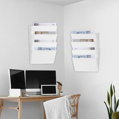EASEPRES 8 Pack White Plastic Single Pocket Hanging File Organizer, Wall Mount Paper Mails Magazines Holder, Mounted Folder Bins for Office, School and Home, 12.99x4.13x7.48 inches - Image 5