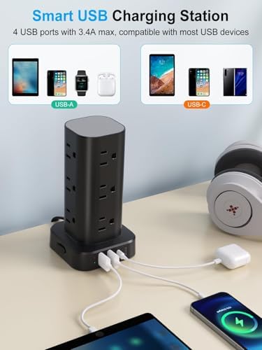 15FT Power Strip Tower Surge Protector, 12 Wide Spaced Outlets, 4 USB - Image 4