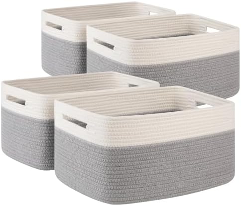 4 Pack Storage Baskets for Organizing, Woven Baskets for Shelves - Perfect for Toys, Books, Towels, and Clothes, Durable Gift Basket Bins Toy Storage, 15.7''Lx11.8''Wx7.8''H, Grey and White by SIXDOVE
