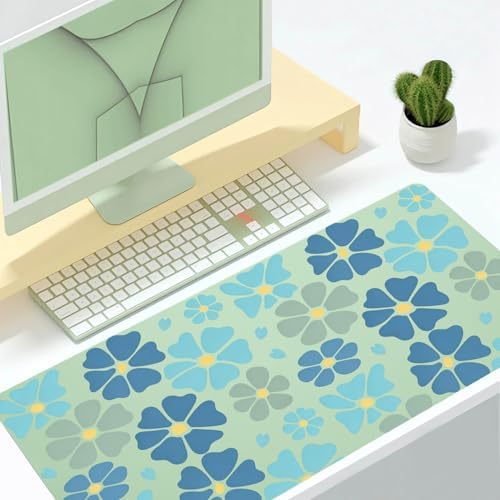 Retro Blue Floral Office Desk Mat 31.5" x 15.7" Desktop Mat PU Leather Large Mouse Pad White Mousepad Non-Slip Table Mat for Girls, Women, Home, Work, Computer, and Gaming - Image 2