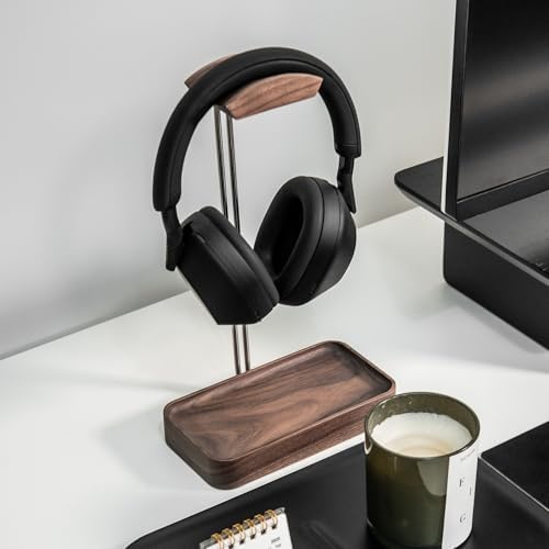 Raico Headphone Stand with Catchall Tray Base Premium Showpiece Headset Holder with Storage Solid Wood (Walnut) - Image 2