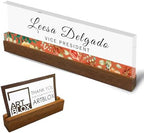 Artblox Personalized Office Desk Name Plate and Business Card Holder | Clear Acrylic Glass with Teak Wood Stand | Flower Stripe Design Customized with Your Name and Credentials Office Desk Décor by Artblox