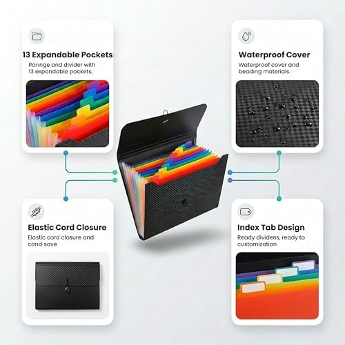 6 Pack Expanding File Folder, 13 Pockets Accordion File Organizer, A4 Letter Size Plastic Document Holder with Colored Tabs, Monthly Bill Receipt Sorter for Home Office School - Image 3
