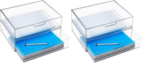 STORi STAX Plastic Stackable Organizer Drawers (Set of 2) Clear | 12.5" Wide | Set Includes Two Open Drawer | Organize Office Desk Accessories & Sort Paper | Made in USA (Pack of 2) by STORi